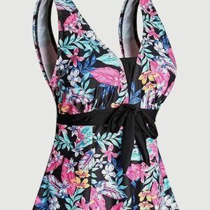Women's One Piece Swim dress Shaping Body Swimsuit Floral(L)